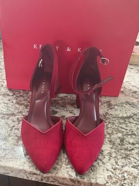 Kelly & Katie Red Pointed-Toe Ankle-Strap Heels